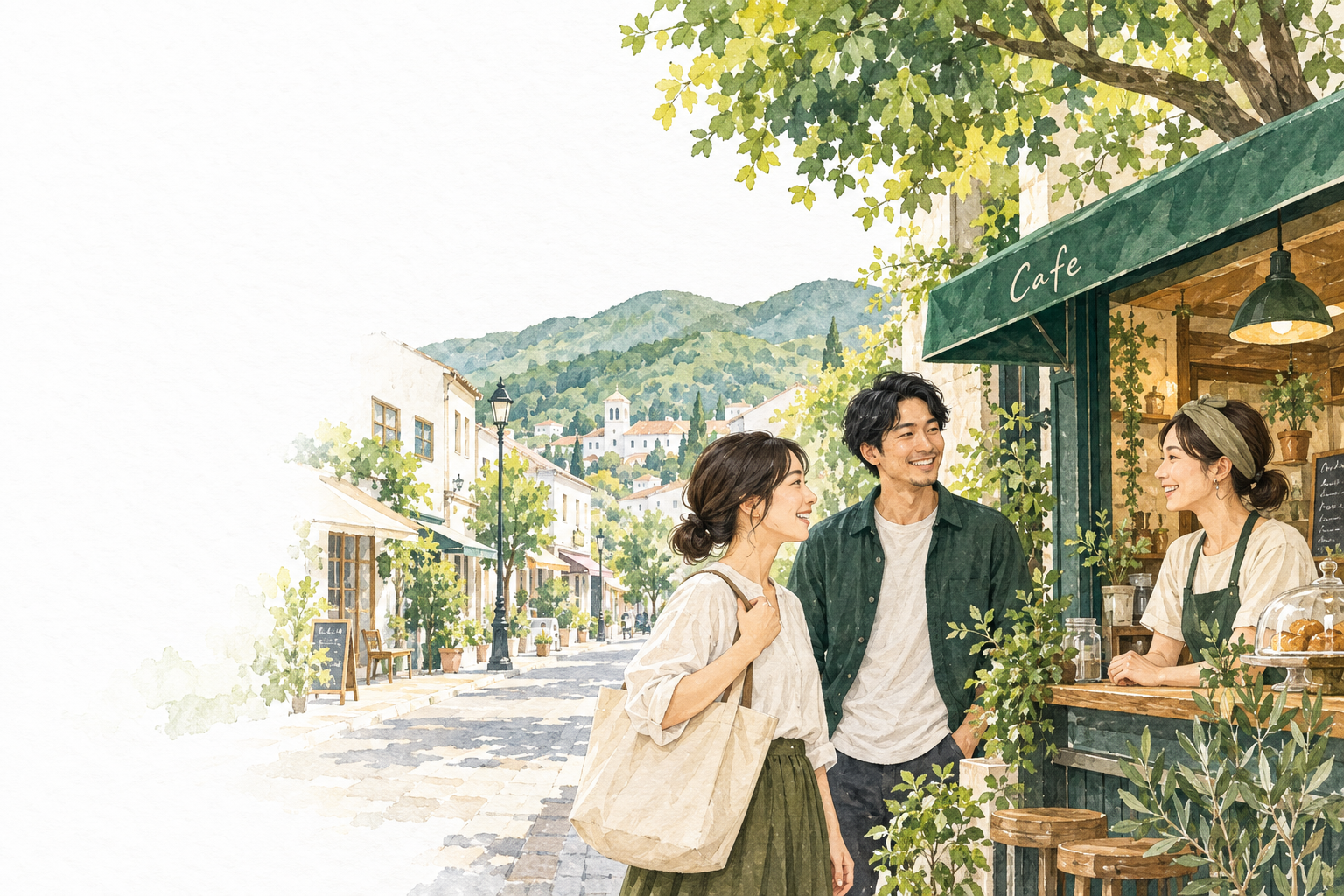 お店の前で会話をする人たちと、緑に囲まれた街のイラスト
